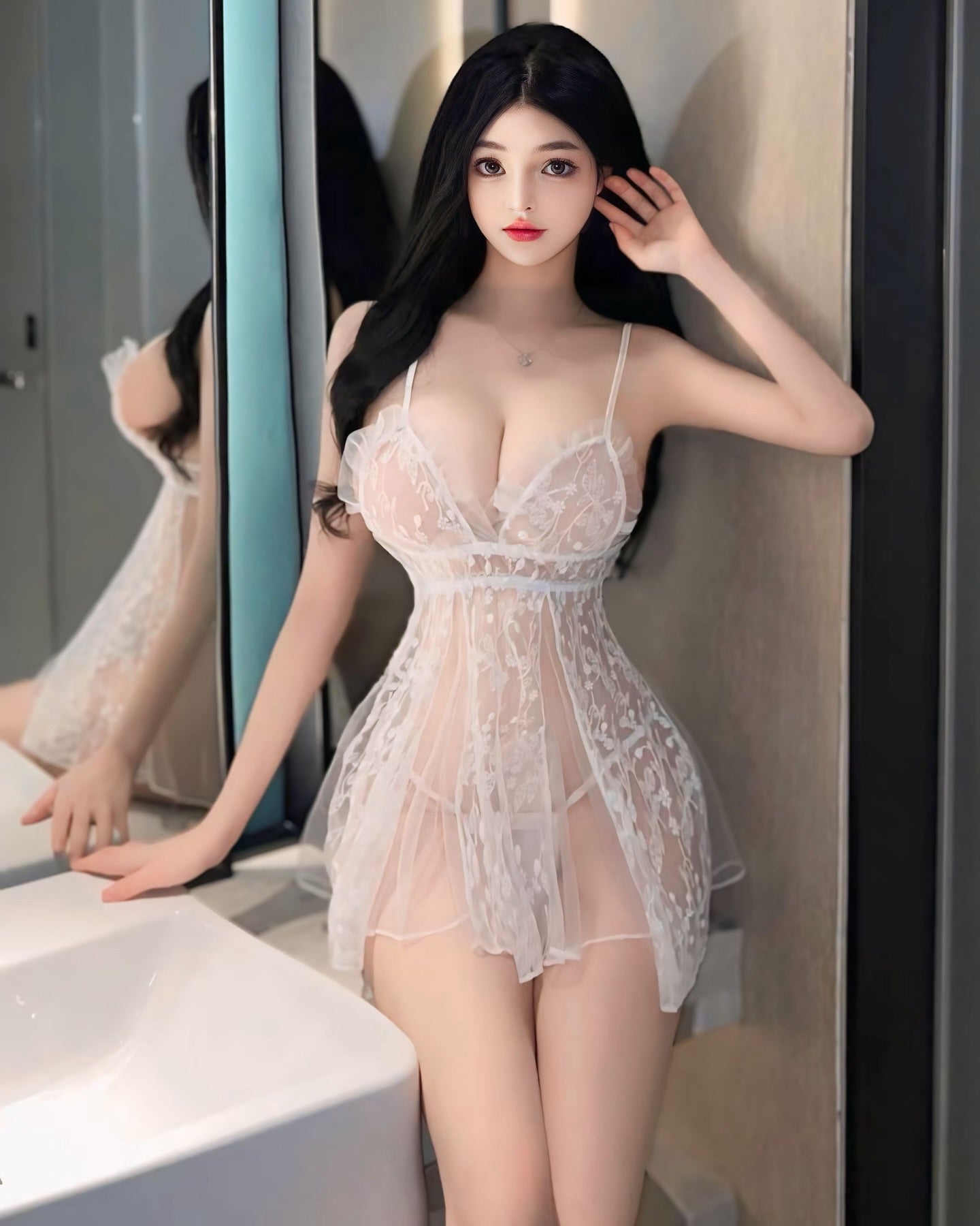 ชุดนอนเดรสซีทรูลูกไม้ขาวสายไขว้หลัง-2