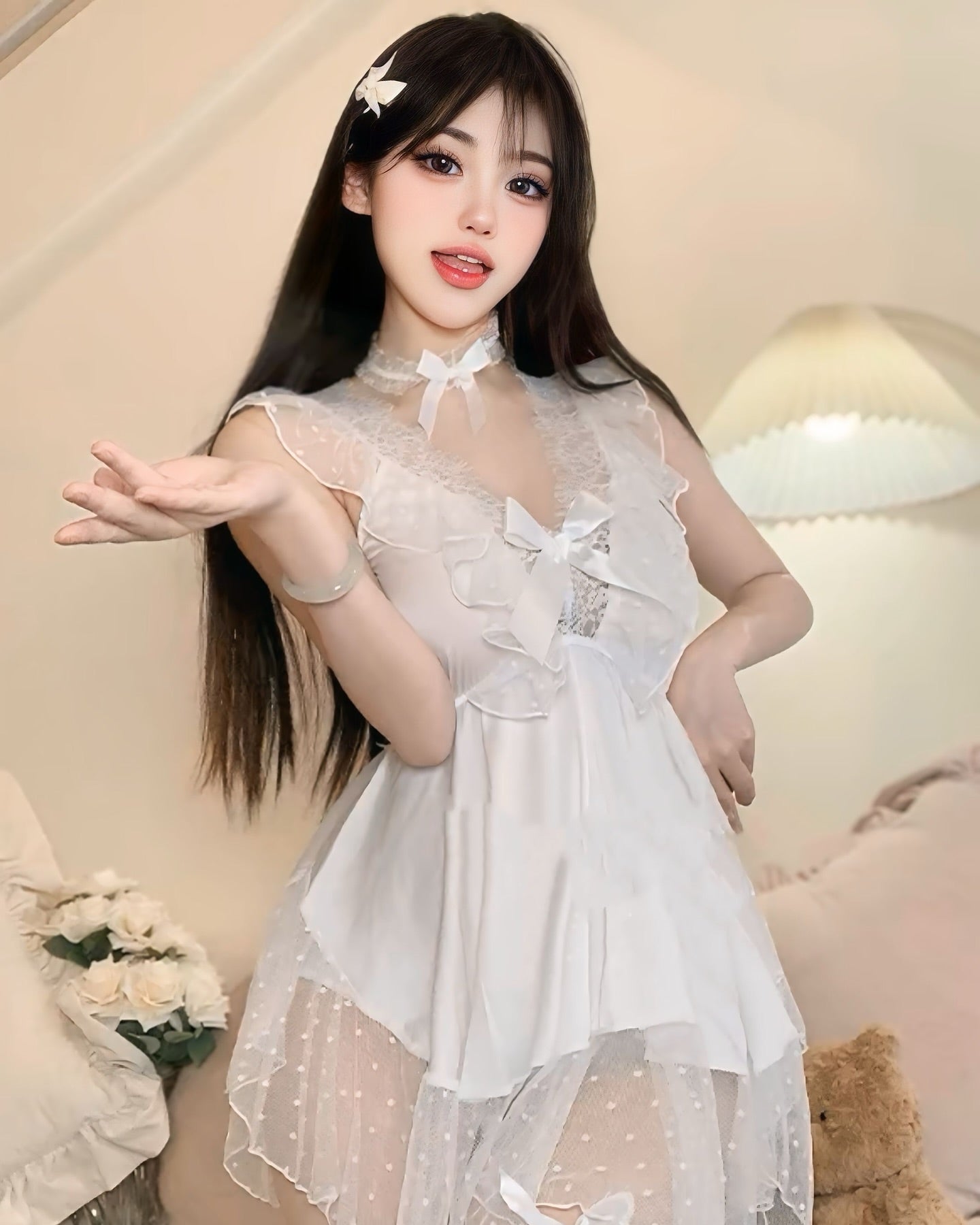 ชุดนอนผ้าซาตินสีขาวเกรดพรีเมี่ยมสุดหวาน-1
