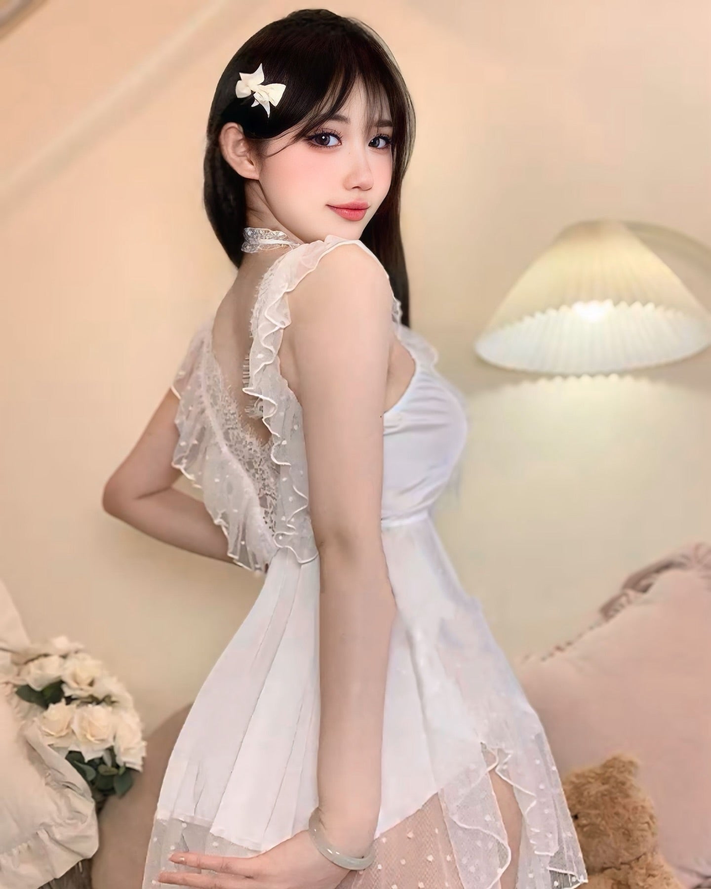 ชุดนอนผ้าซาตินสีขาวเกรดพรีเมี่ยมสุดหวาน-2