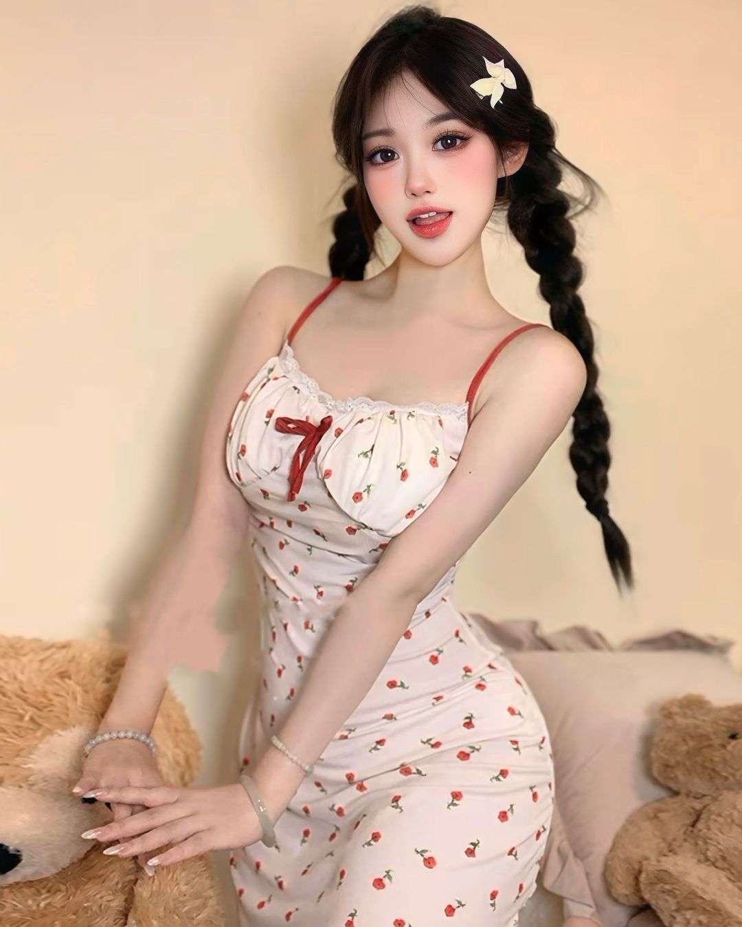 ชุดนอนเดรสกระโปรงลายดอกไม้ มีฟองน้ำในตัว-1