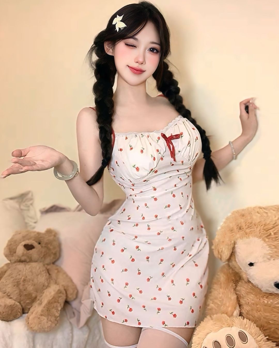 ชุดนอนเดรสกระโปรงลายดอกไม้ มีฟองน้ำในตัว-3
