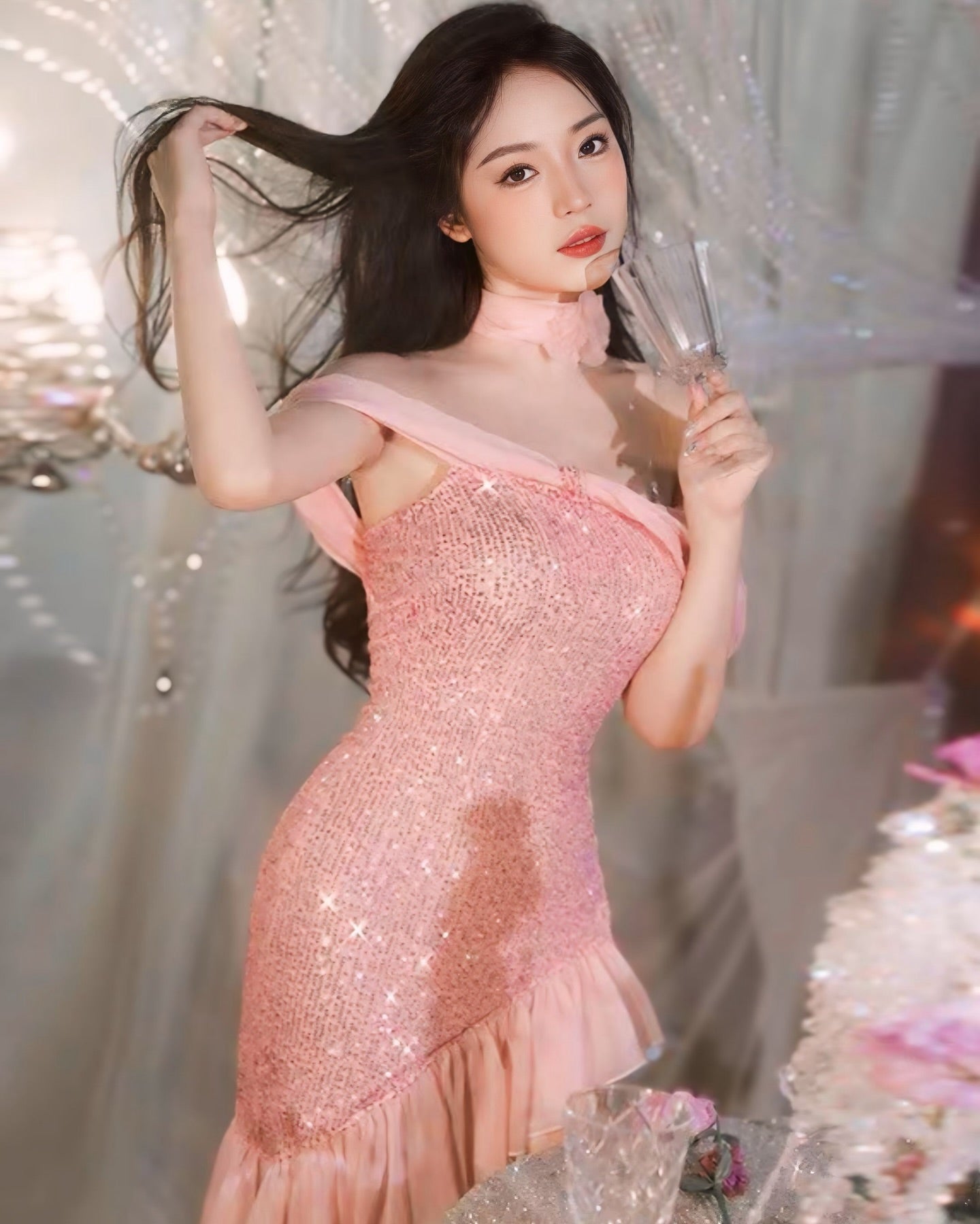ชุดเดรสปาร์ตี้เปิดไหล่ แต่งกลิตเตอร์สีชมพูสุดหรู-3