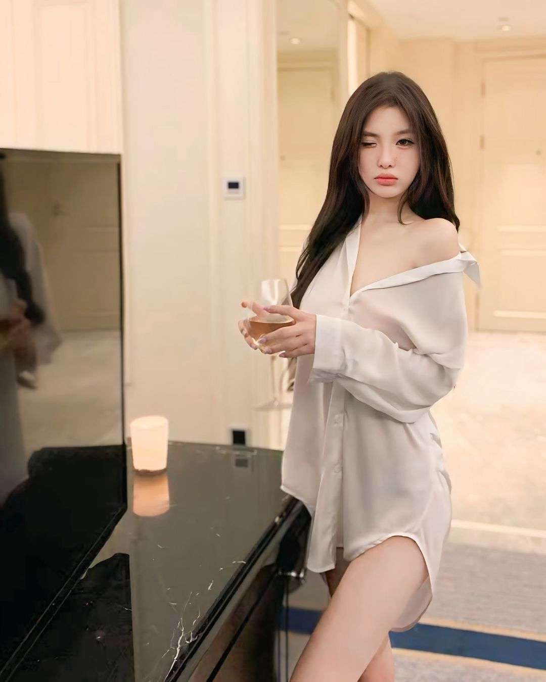 ชุดนอนเสื้อเชิ้ตคอปกซีทรู สีขาว-1