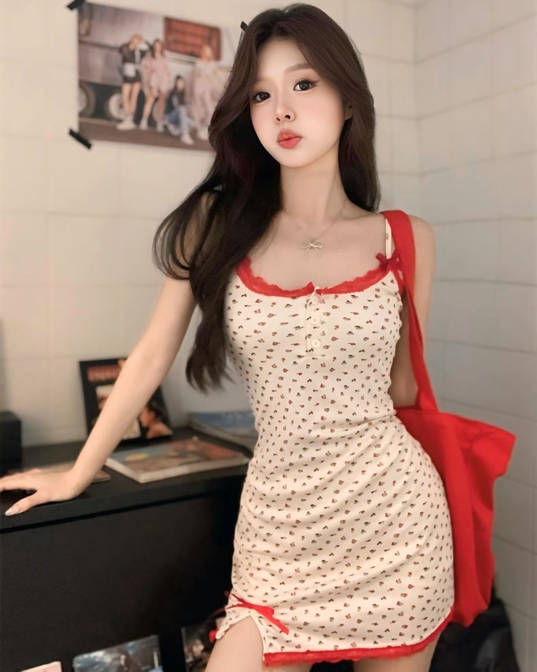 ชุดเดรสสายเดี่ยวเข้ารูปติดโบว์ ลายดอกไม้-1