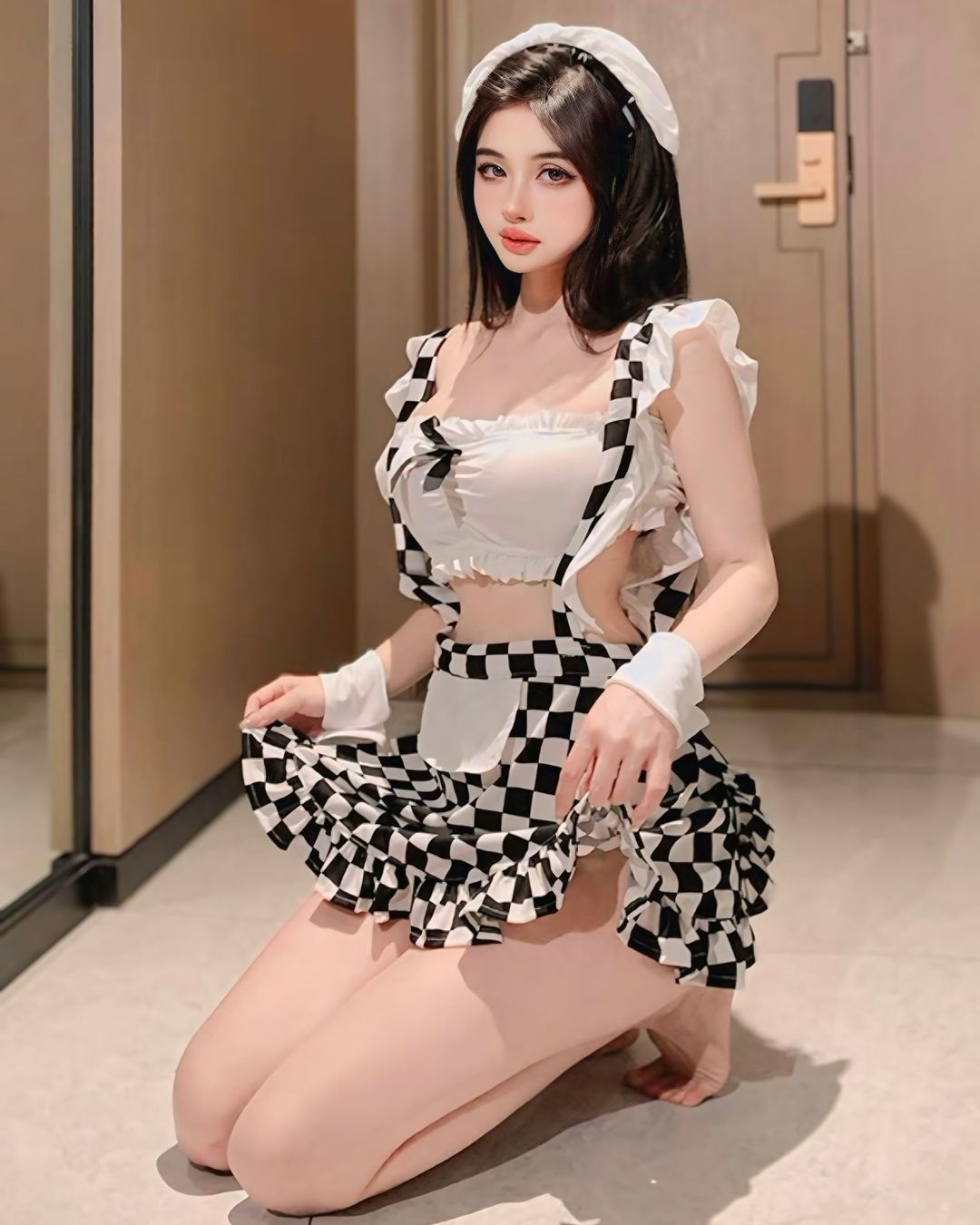 ชุดเมดระโปรงลายสก็อตขาวดำ พร้อมที่คาดผมเข้าชุด-1