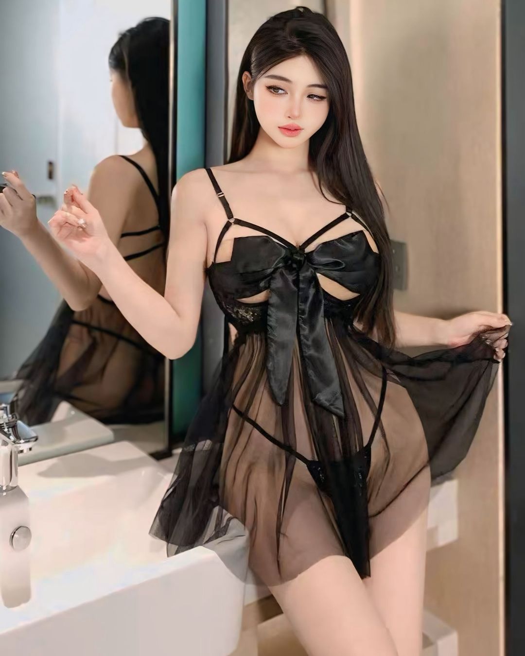 ชุดนอนเดรสซีทรูผูกโบว์ด้านหน้า สุดแซ่บ-2