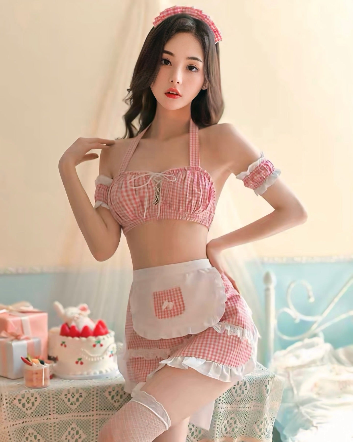 ชุดเมดลายสก็อตสีชมพูสุดน่ารัก พร้อมที่คาดผม-1