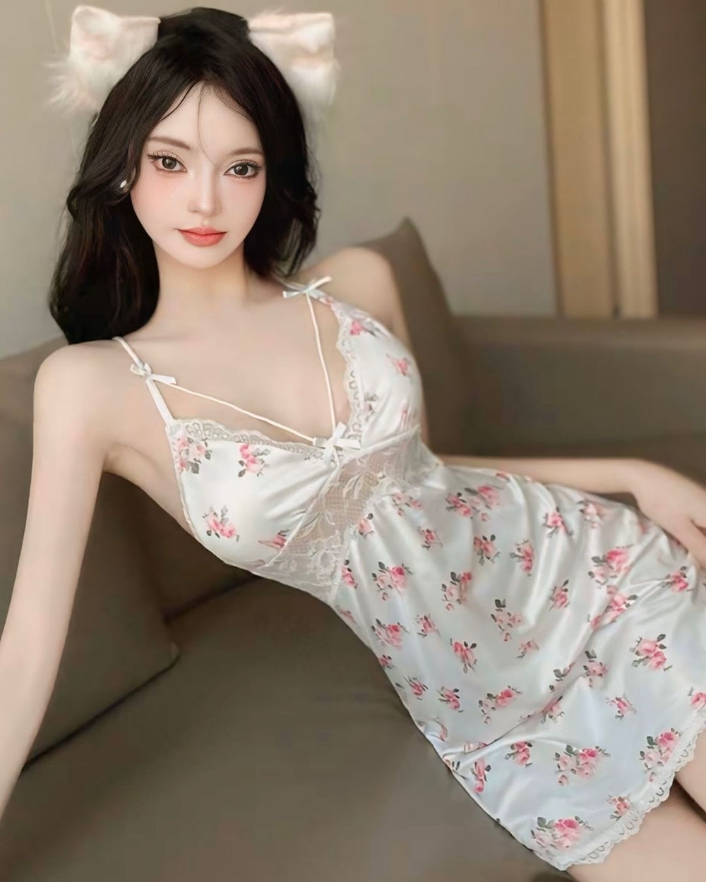 ชุดนอนเดรสสั้นลายดอกกุหลาบ แต่งขอบลูกไม้-2