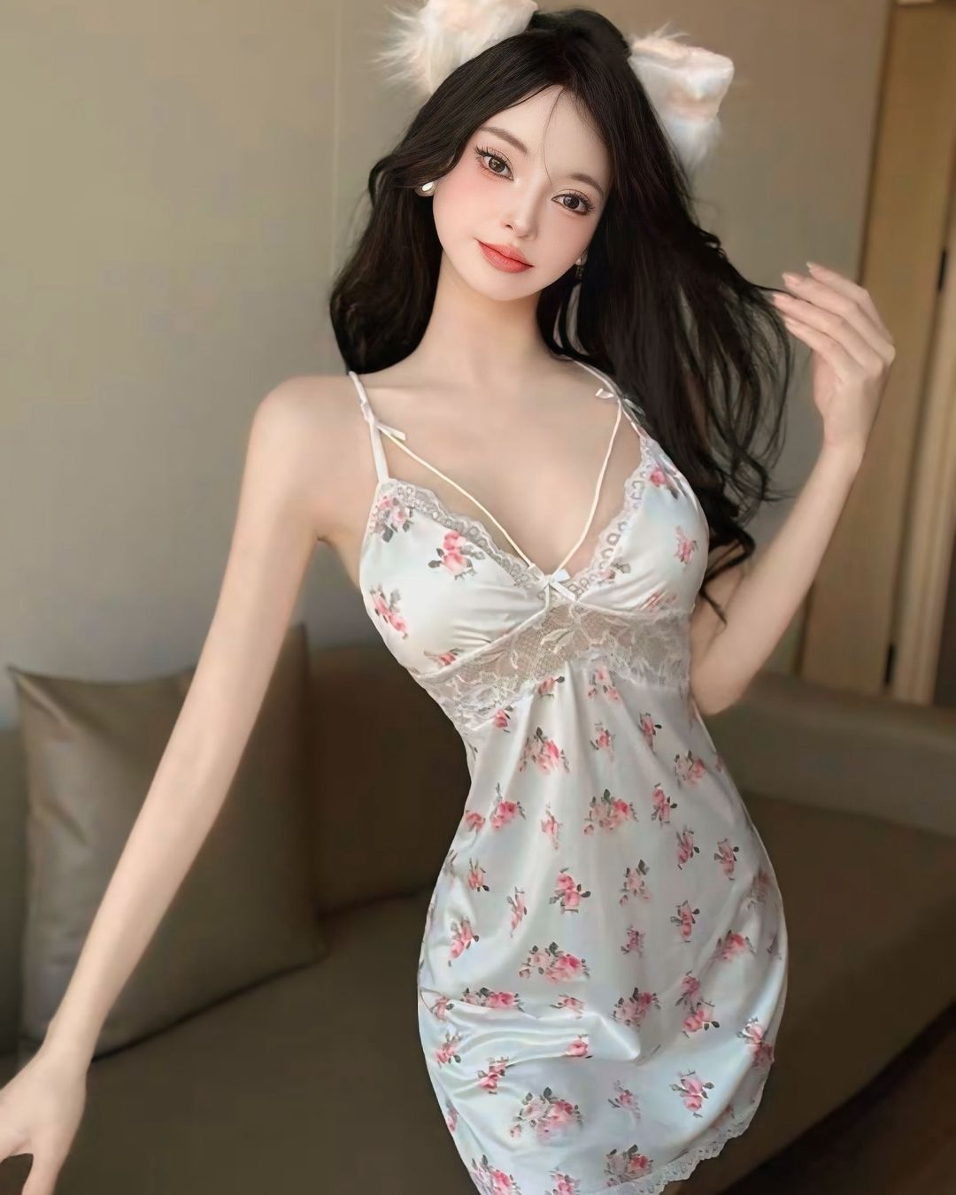 ชุดนอนเดรสสั้นลายดอกกุหลาบ แต่งขอบลูกไม้-3