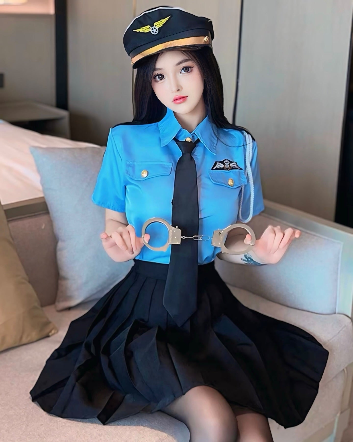 ชุดคอสเพลย์ตำรวจสาวสุดน่ารัก กระโปรงอัดพลีทพร้อมเนคไท-1
