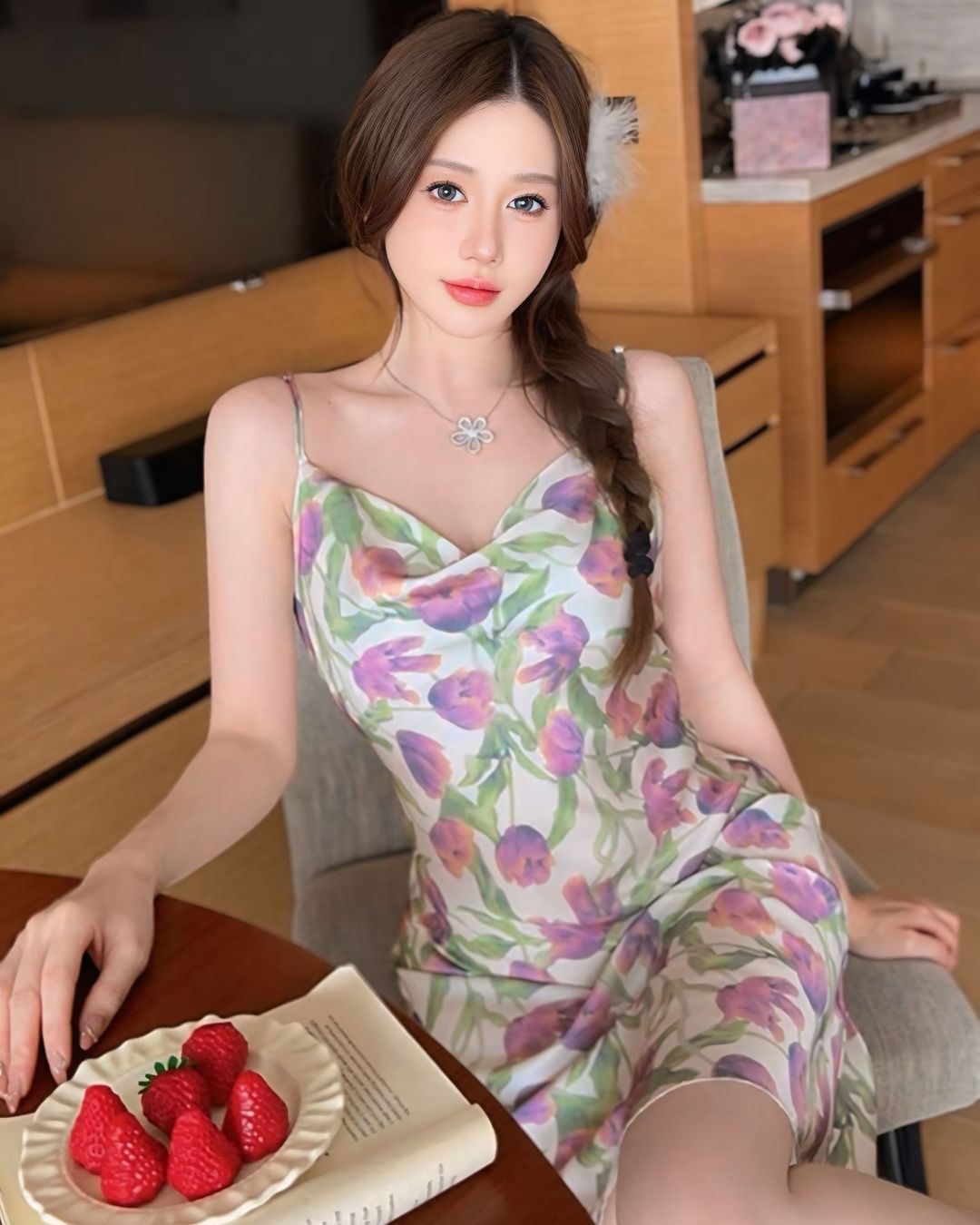 ชุดนอนเดรสสายเดี่ยวผ้าซาติน ลายเวอร์บีน่าฟีลหวานละมุน-1