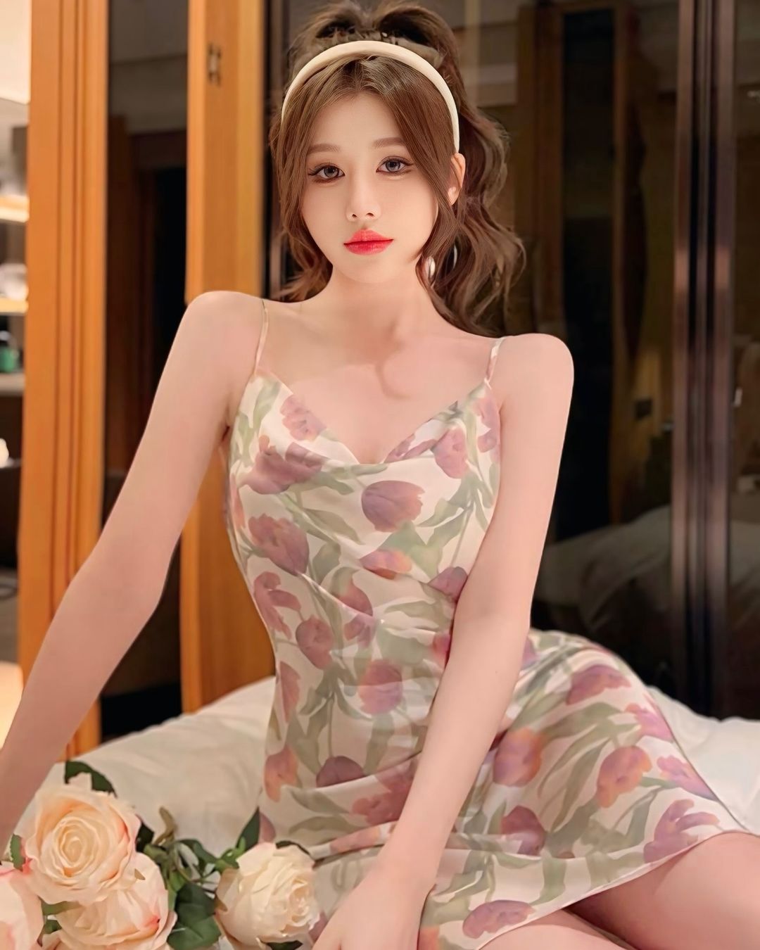 ชุดนอนเดรสสายเดี่ยวผ้าซาติน ลายเวอร์บีน่าฟีลหวานละมุน-2