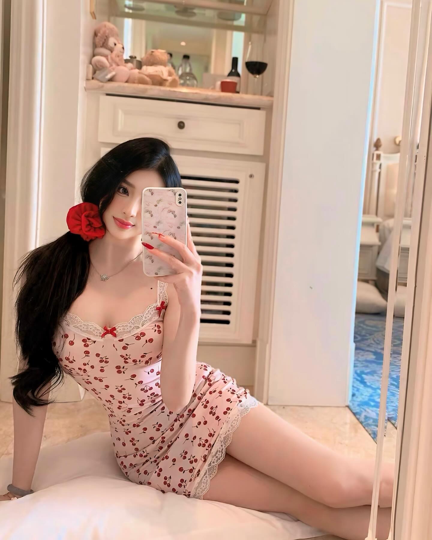 ชุดนอนเดรสงานขายดี แต่งขอบลูกไม้ลายเชอร์รี่-3