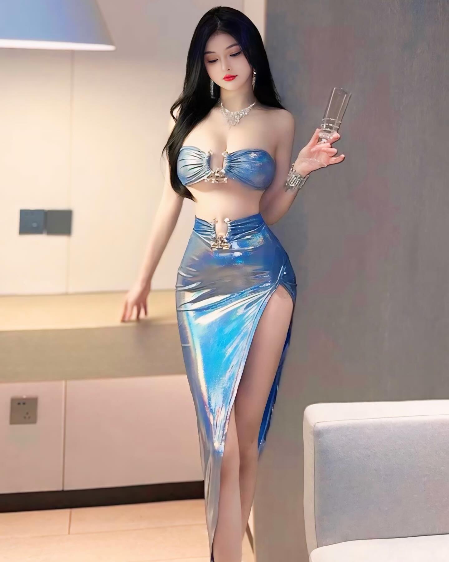 ชุดเดรสเซ็ทเกาะอกกระโปรงยาวผ่าข้าง สีโฮโลแกรมแวววาว-1