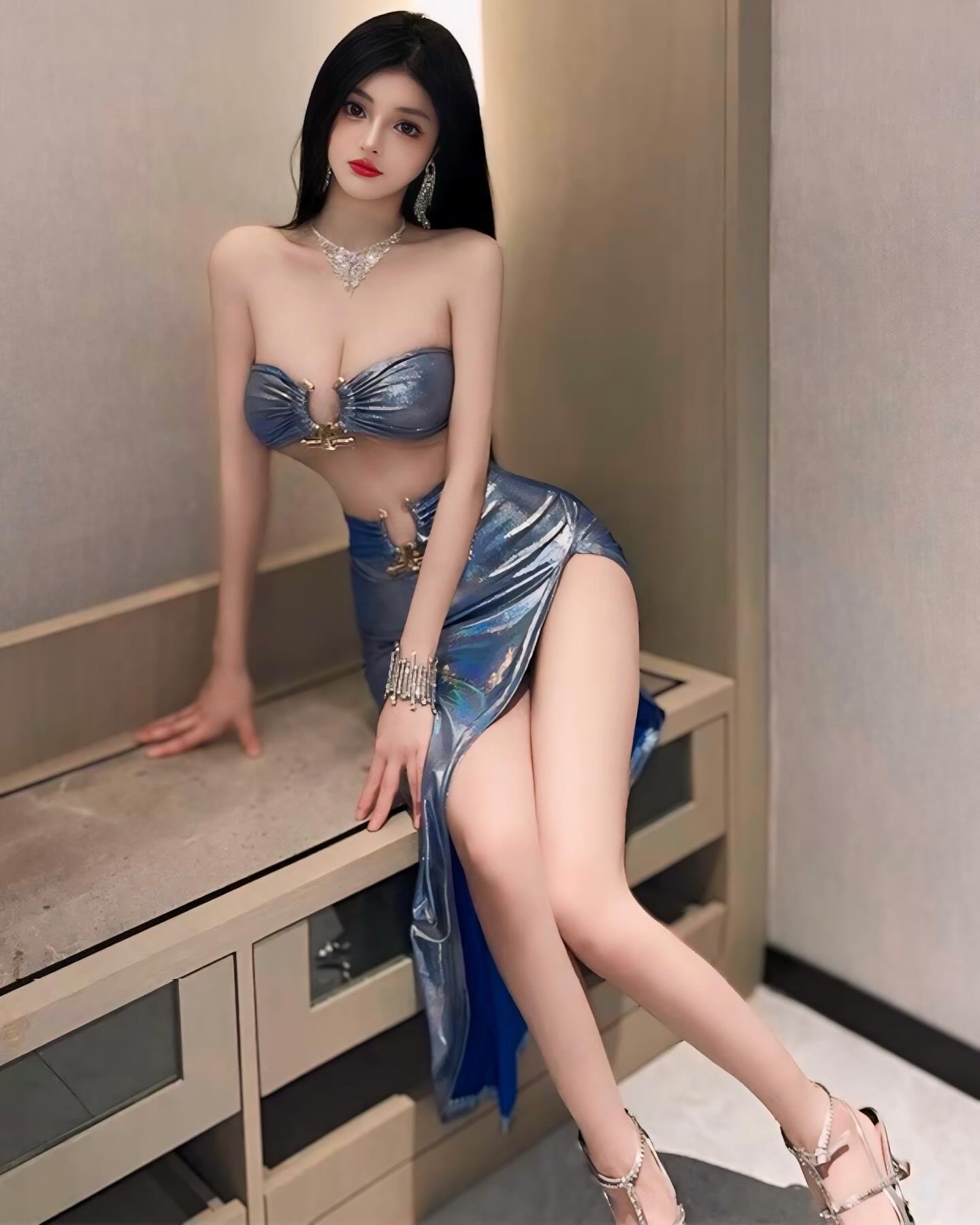 ชุดเดรสเซ็ทเกาะอกกระโปรงยาวผ่าข้าง สีโฮโลแกรมแวววาว-2