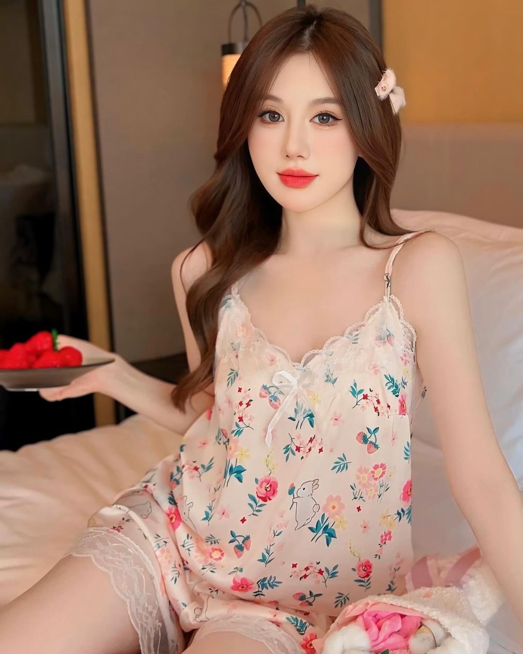 ชุดนอนสายเดี่ยวเสื้อ+กางเกง ลายกระต่ายและดอกไม้ สีชมพูหวาน-3
