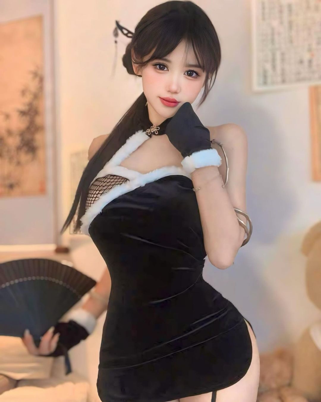ชุดคอสเพลย์กี่เพ้าผ้ากำมะหยี่คอจีนสีดำสุดเซ็กซี่-1