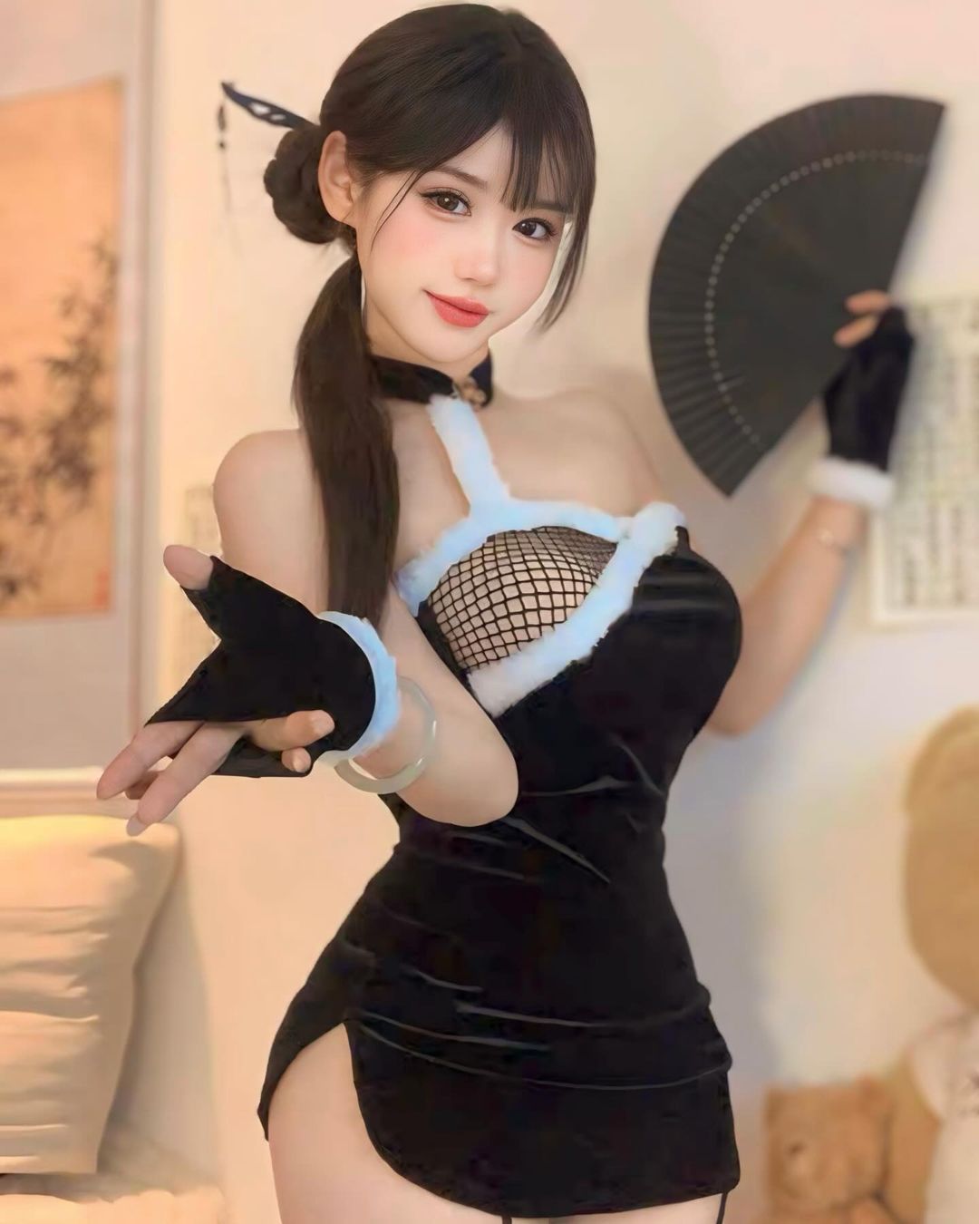 ชุดคอสเพลย์กี่เพ้าผ้ากำมะหยี่คอจีนสีดำสุดเซ็กซี่-2