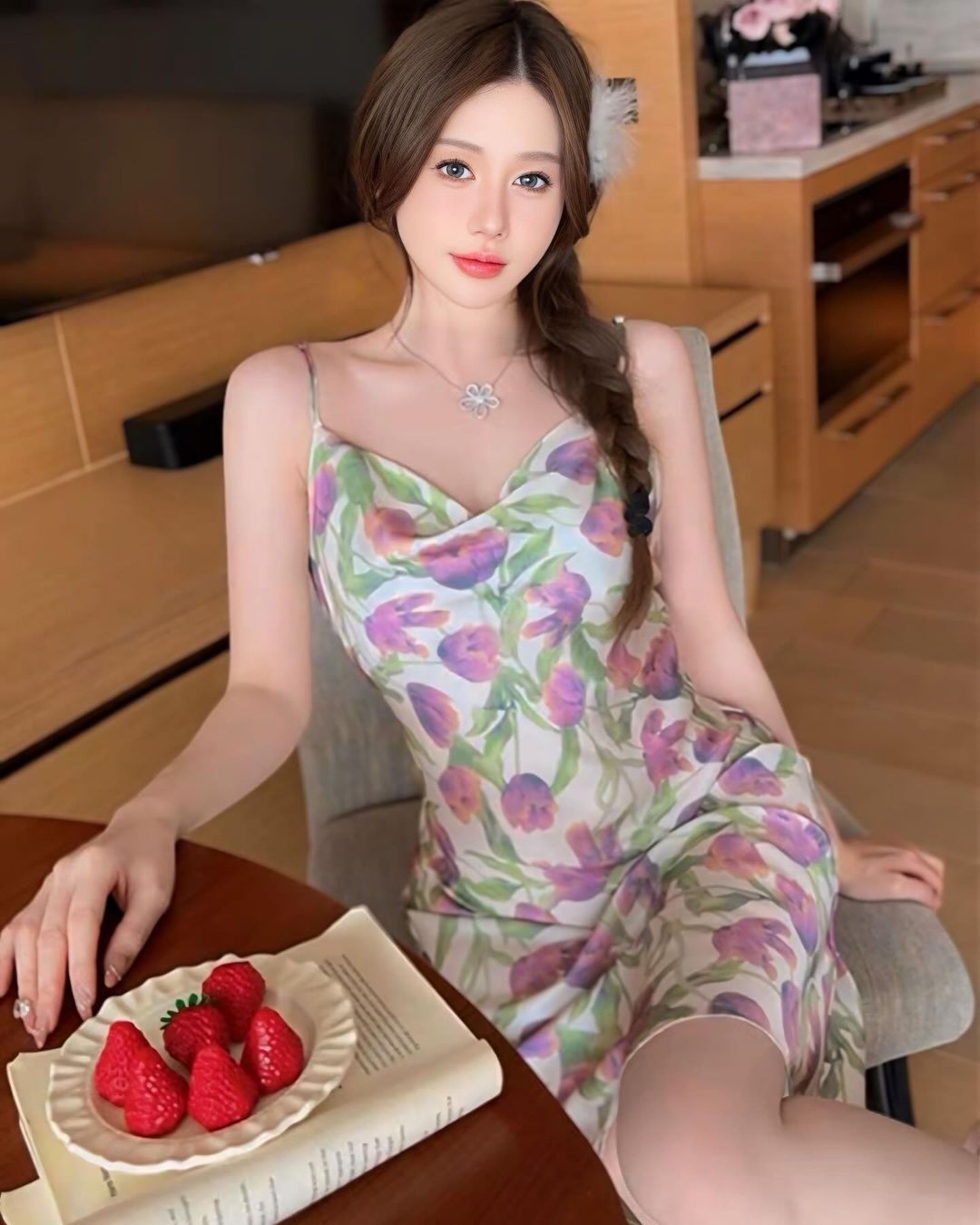 ชุดนอนเดรสกระโปรงผ้าซาติน ลายเวอร์บีน่า