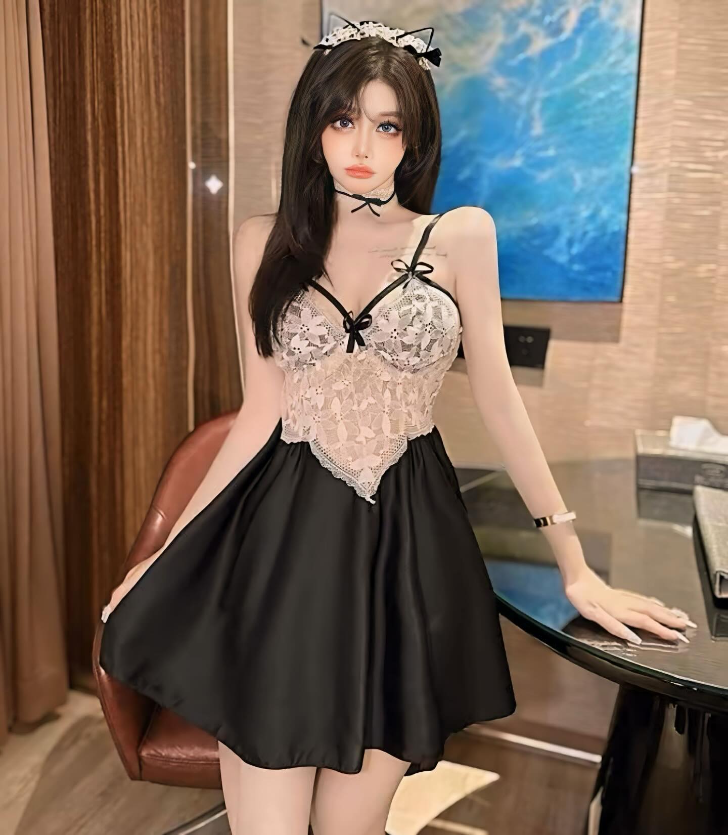 ชุดนอนเดรสผ้าซาติน งานลูกไม้สุดหรู-2