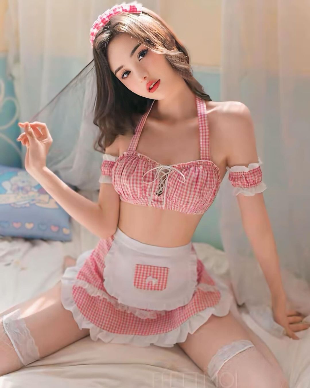 ชุดเมดแม่บ้าน เซ็ทผ้ากันเปื้อนลายสก็อตสีชมพูและที่คาดผม-2