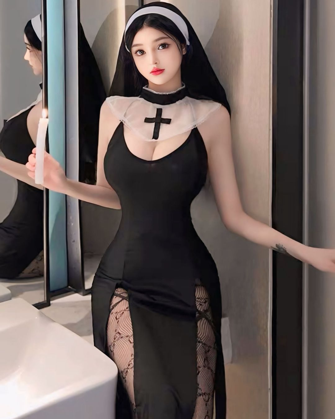 ชุดคอสเพลย์แม่ชีเดรสยาวผ่าข้างพร้อมผ้าคลุม-3