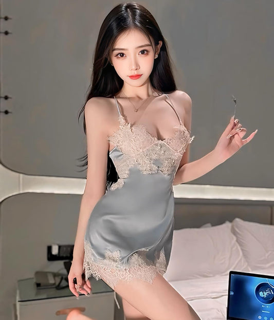 ชุดนอนซาตินแต่งอกลูกไม้สายไขว้หลัง งานพรีเมี่ยมสุดหรู-2