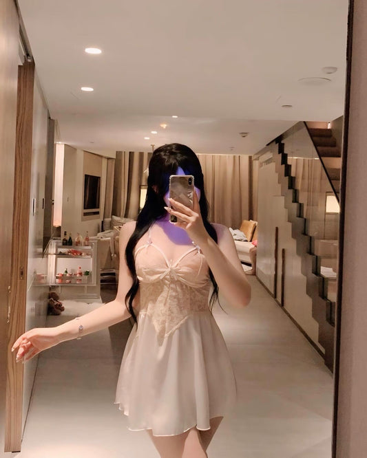 ชุดนอนเดรสกระโปรงผ้าซาตินปักลูกไม้-3