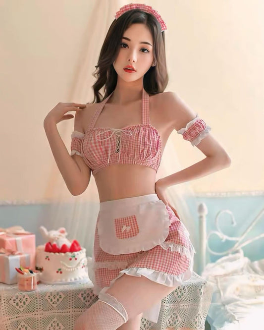 ชุดเมดแม่บ้าน เซ็ทผ้ากันเปื้อนลายสก็อตสีชมพูและที่คาดผม-3