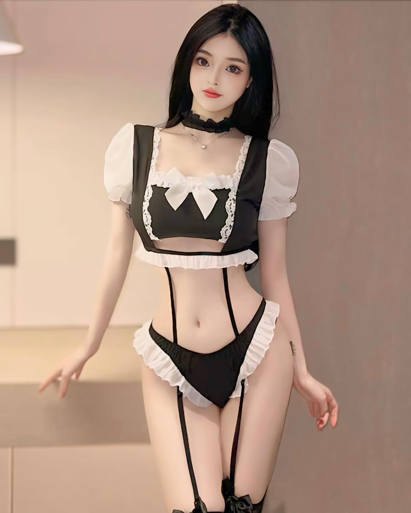 ชุดเมดแม่บ้านเซ็ทเสื้อกางเกงในสีดำสุดคลาสสิค-3