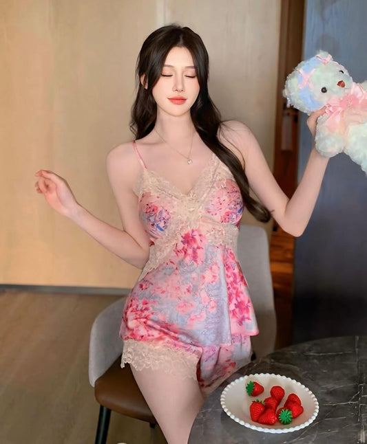 ชุดนอนเซ็ทสายเดี่ยวกางเกงผ้าซาติน ลายดอกไม้สีชมพูแต่งลูกไม้-2